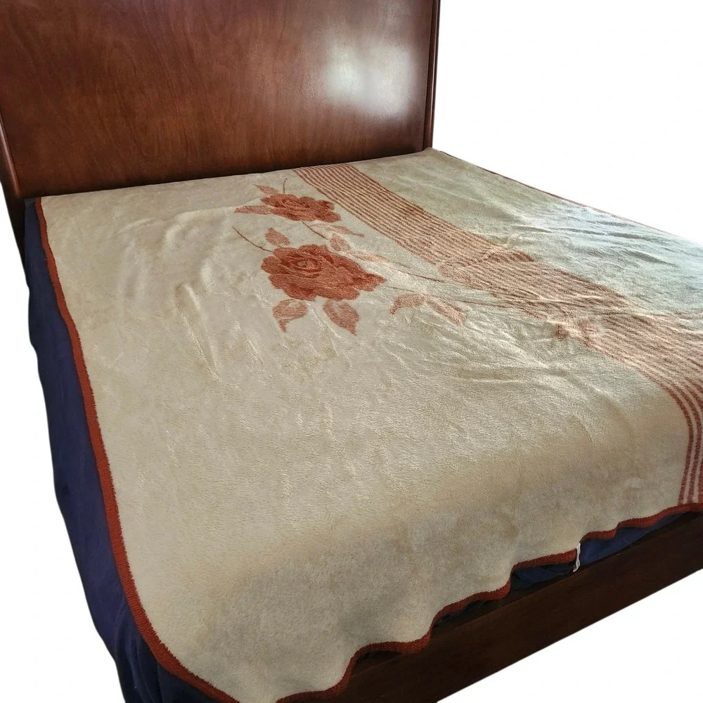 San Marcos Blanket Queen Burnt Orange Floral Rose Reversible Vintage 98x72